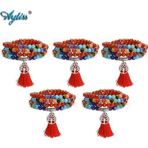 Ayliss 7 Chakra Buddhist Mala Prayer Necklace 108 Beads Meditation Healing Multilayer Yoga Bracelet Necklace Tree of Life Tassel