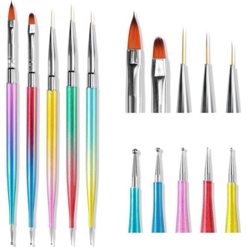 CHNRMJL 5Pcs/Set 2 Ways Nail Art Dotting Acrylic Painting Draw Liner Brush UV Gel Polish Liner Flat Pen DIY Nails Manicure Tool