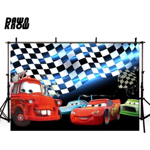 DAWNKNOW Cartoon Racing Red Car Photography Background Backdrop Chequered Flag Birthday Party Decorate Photo Studio Customize