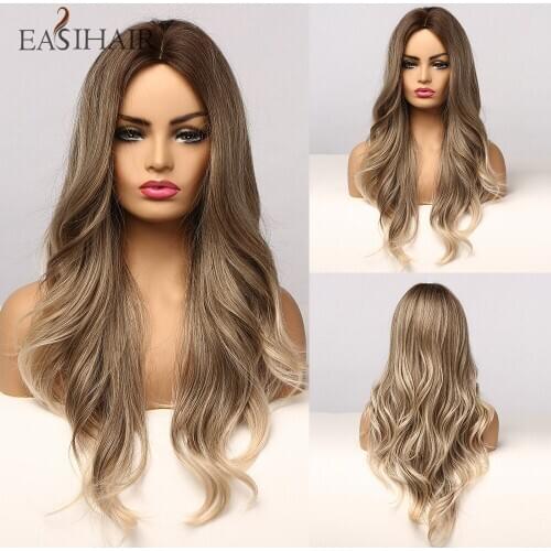 EASIHAIR Long Brown to Blonde Ombre Wigs for Women Afro Synthetic Wavy Wigs Natural Cosplay Wigs Heat Resistant