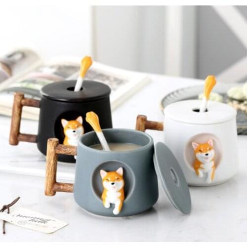 Cute Cartoon Animal Shiba Inu Ceramic Mug with Lid Spoon Household Couple Men and Women Coffee Cup