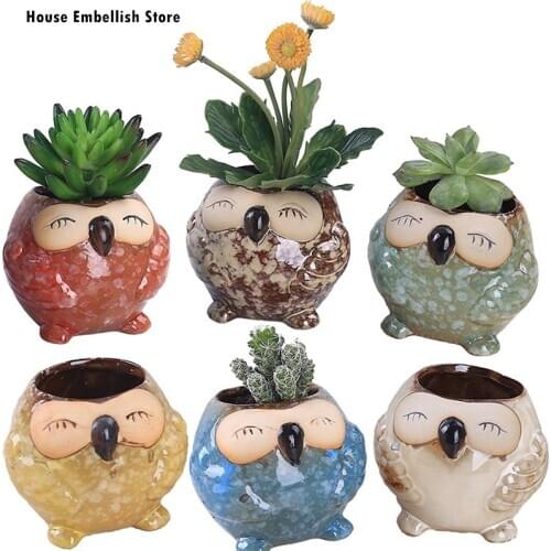 6pcs/set Ceramic Owl Flowerpot Cute Animal Style Succulent Mini Plant Pot Creative Colorful Glazed Crafts Gift Garden Home Decor