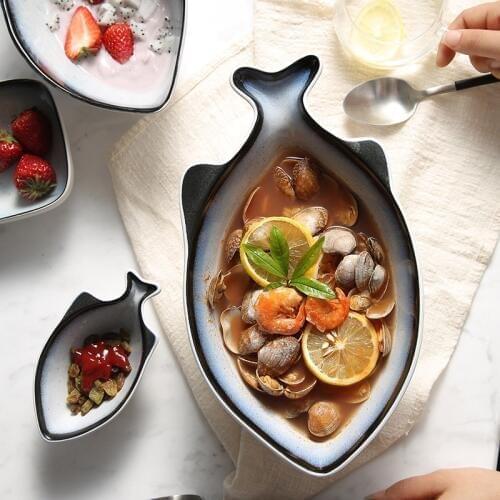 Food Tray Rice Bowl Ceramic Ware Fruteira Fish Shape Dish Soup Bowl Kitchen Baking Seafood Food Container Dinner Cutlery 1pcs