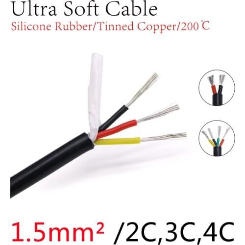 Square 1.5mm Ultra Soft Sheath Wire 2 3 4 Core Silicone Rubber Cable Insulated Flexible Copper High Temperature Power Line Black