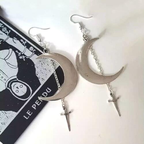 Moon dagger earrings Witchy alternative goth witch gothic boho pendant silver color Mysterious woman gift new classics fashion