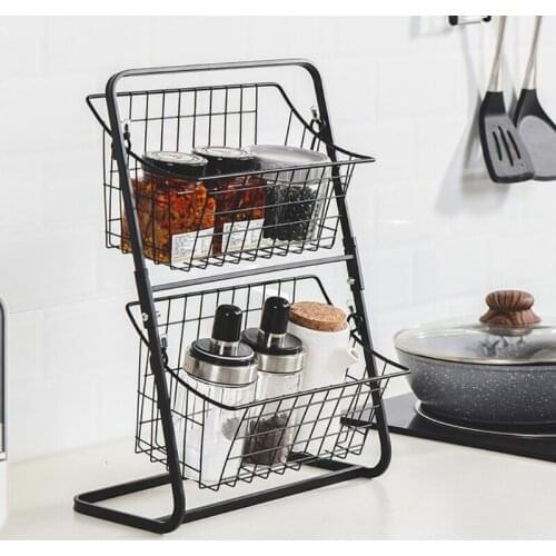 634E 2 Tiers Iron Storage Shelf Rack for Kitchen Seasoning Organizer Fruits Holder Bathroom Basket
