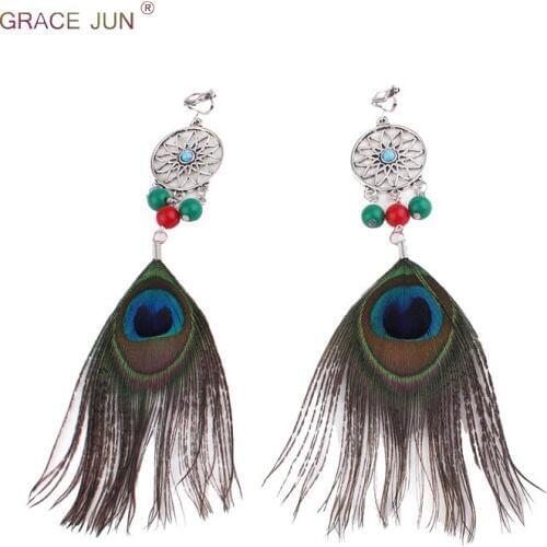 Korea Style Fashion Silver Plated Peacock Clip on Earrings and Pierced Earrings for Women Elegant Long Handmade Earrings