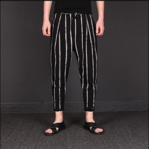 M-3xl 2020 New Summer Mens Cotton Linen Striped Pants Personality Hair Stylists Nine Points Casual Feet Pants Tide Harem Pants
