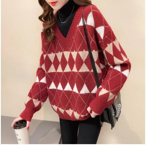 2021 Autumn Women False 2 in 1 Half High Collar Diamond Lattice Long Sweater