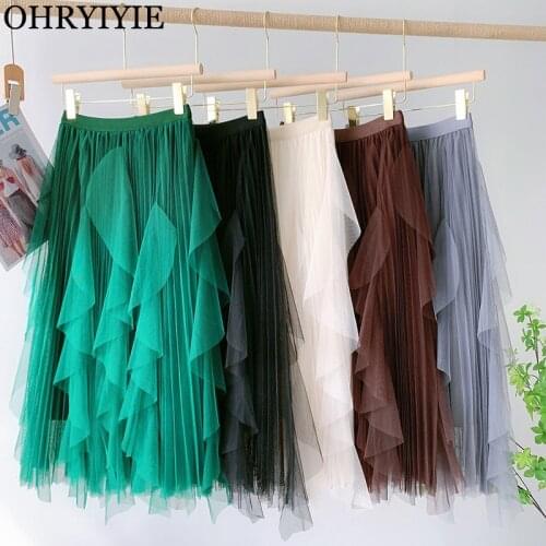 OHRYIYIE Big Ruffles Tulle Skirt Womens Autumn Winter High Waist Elegant Pleated Skirts Female Korean Fashion Casual Mesh Skirt