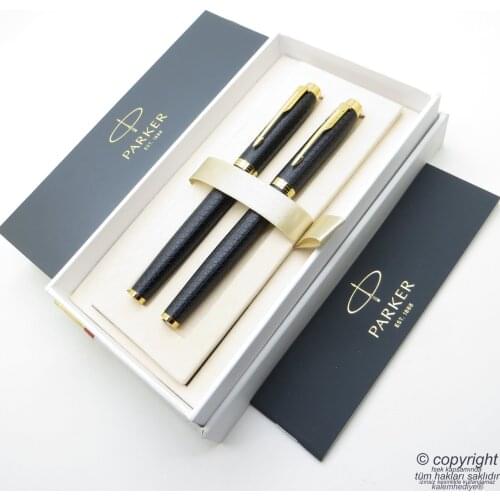 Parker IM Premium Pattern Black-Gold Fountain Pen + Roller Pen Set | İsme Special Pen