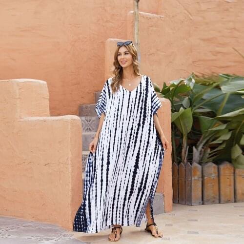 Striped Cover Ups for Swimwear Women Loose Short Sleeve Plus Size Summer Woman Dress V Neck Beach Swim Bikini Cover Up