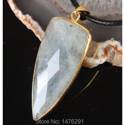 Diaphanous Natural Labradorite Shield Double Sided Plated Gold Bead Gem Pendant 1PCS