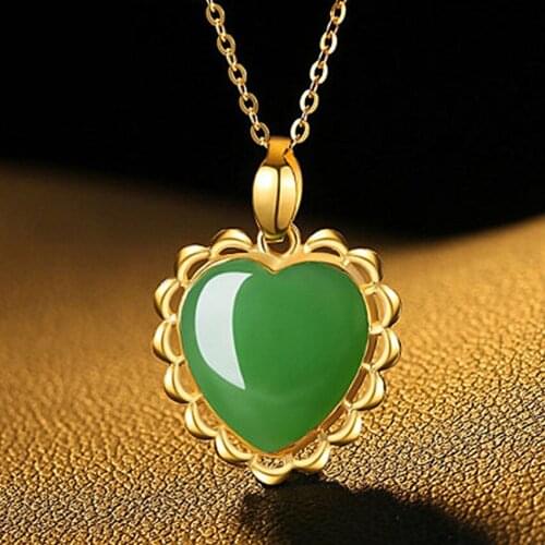 FYSL Light Yellow Gold Color Love Heart Green Agates Pendant Link Chain Necklace for Elegant Women Jewelry