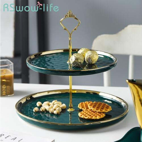 Light luxury Emerald Phnom Penh Dessert Afternoon Tea Cake Rack Ceramic Plate Double Snack Plate Fruit Tray Storage Tray