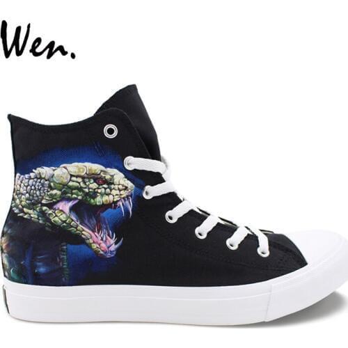 Wen Original Adult Design Boa Snake with Colored Snakeskin Unisex Hand Painted Athletic Shoes Black Canvas High Top Sneakers