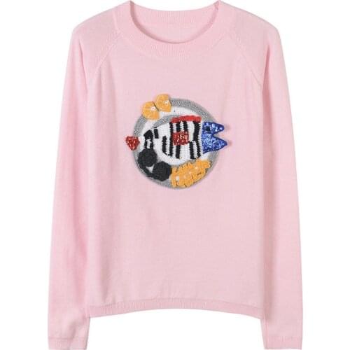 Spring Autumn Woolen Sweaters for Women Pullover O-Neck Pink Fish Beading Long Sleeve Knitwear Jumper Jersey Harajuku Korean ins