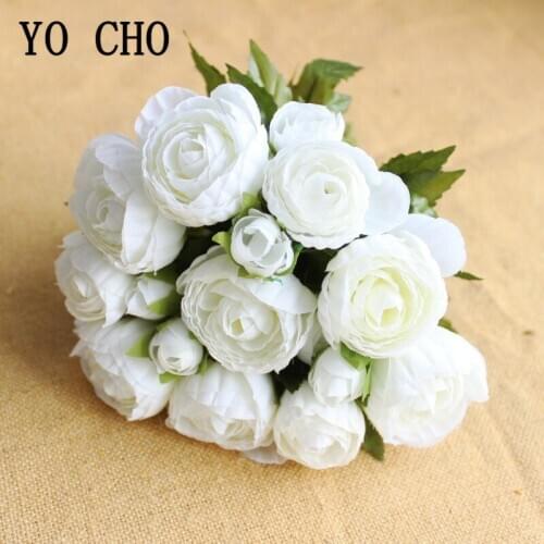 YO CHO 18 Heads Tea Rose Artificial Silk Flowers Bouquet Wedding Bride Holding Bouquets Home Hotel Table Decoration Fake Flowers