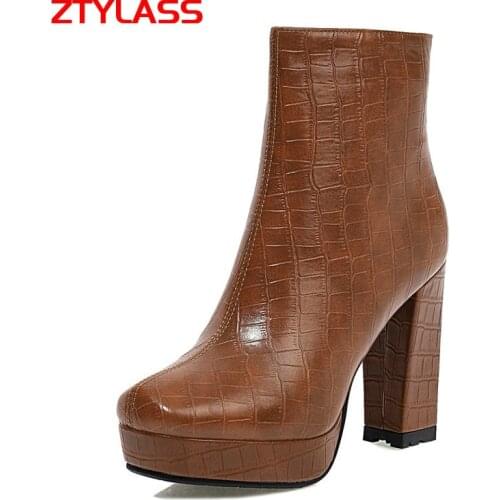 2021 Platform Women Boots Faux Leather Square High Heel Ankle Boots Zipper Boots Autumn Winter Ladies Shoes Black Brown