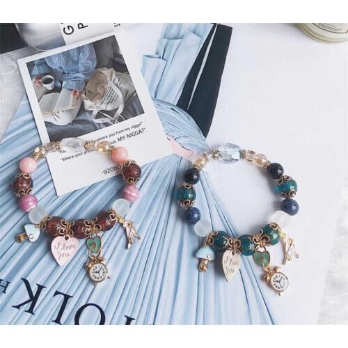Bohemian Women Crystal Stone Girl Clock Heart Pendant Beads Bracelets Sweet Girls Jewelry Gifts