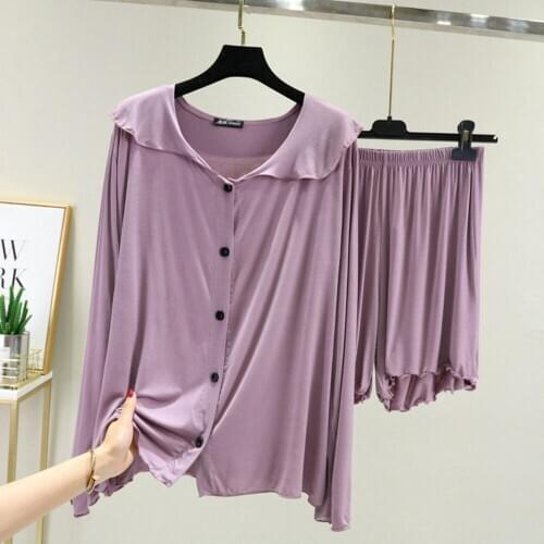 Fdfklak Long Sleeve Shorts Women Pajamas Nightwear Casual Loose Elastic Modal 2Pcs Sleepwear Summer Sleep Set Home Clothes