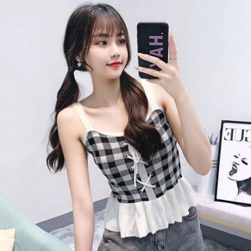 Women Corset Tops Camisole Womens Summer Lace-up Plaid Tank Camis Crop Top For Women
