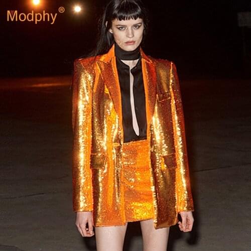 Elegant Gold Sequins Ol Women Set Blazer & Mini Skirt 2 Two-Piece Office Party Track Set Female 2020 Winter Fashion New