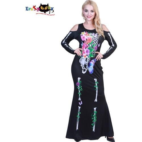 Eraspooky Halloween Costume For Adult Skeleton Cosplay Off The Shoulder Fantasia Long Black Dress Women Beautiful Bones Costume