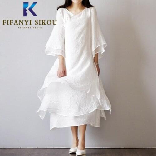 Spring Summer Women Plus Size Dress Chinese Style Casual Cotton and Linen Long sleeve Dress Female Loose Fashion Long Dress