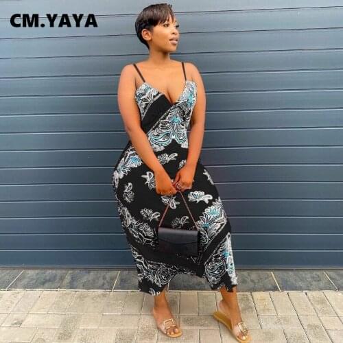 CM.YAYA Women Long Dress Print Sleeveless Strap V-neck Straight Maxi Dresses Sexy Fashion Party Vestidos Summer Outfits 2021