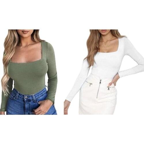 2 Pcs WomenS Sexy Solid Color Slim Square Collar Long Sleeve T-Shirt Bottoming Tops S Size, White & Army Green