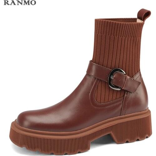 Genuine Leather Boots Women Platform Socks Boots Fashion Ladies Autumn Winter Lolita Party Shoes Knitted Boots 2021 Winter Shoes