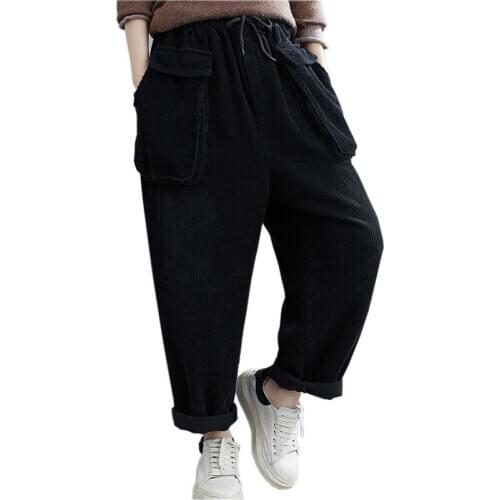 2021 New Loose Pants Oversize Black Corduroy Slacks Women Spring Autumn Solid Elastic Waist Casual Trousers Plus Size 5XL KW1066