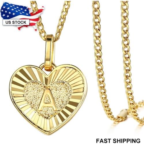 Gold Color Stainless Steel Curb Link Chain Heart Shaped Initial A Z Letter Pendant Necklace for Women 2mm LGP419AB2
