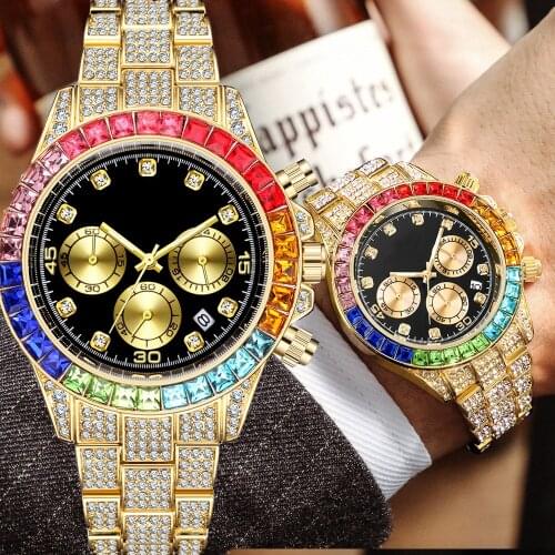 New Hip Hop Jewelry Gold Calendar Steel Multi-functional Luxury Diamond Watch Waterproof Large Dial Men Watch Sport Iced Out