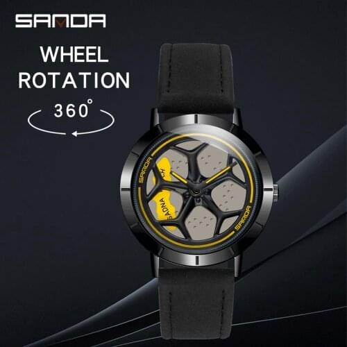 SANDA New 2021 Fashion Mens Watch Sports Car Wheel Hub Mens Quartz Watch Leather Waterproof Creative 360 Degree Rotating Clock