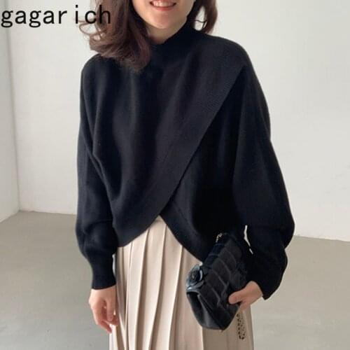 Gagarich Woman Chic Sweater Autumn New Korean Vintage Versatile Stand Collar Pullover Loose Irregular Cross Slit Long Sleeve Top