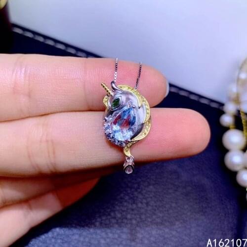 Exquisite Jewelry 925 Sterling Silver Inlaid Gem Girl Luxury Elegant Unicorn Natural Aquamarine Pendant Necklace Support Detecti