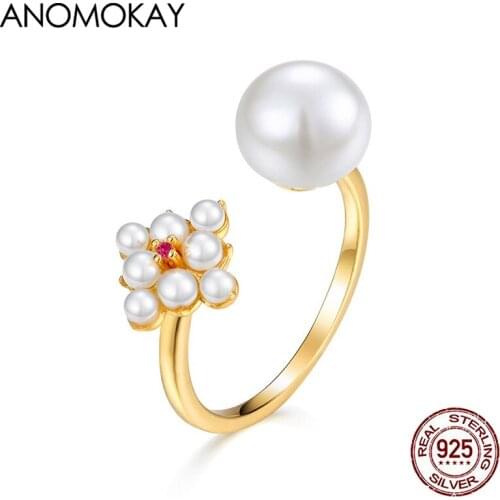 Anomokay Classic Simple Set with Zircon Pearl Open Gold Color Rings Real Sterling 925 Silver Adjustable Round Pearl Ring Jewelry