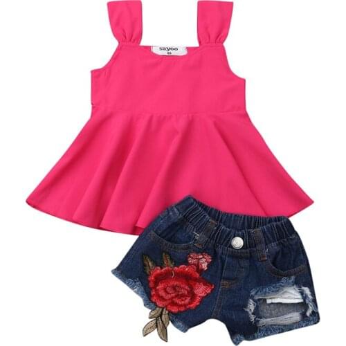 Newborn Infant Baby Girl Princess Clothing Set Sleeveless Cotton T-shirt Vest Top+Floral Denim Shorts Summer Outfit Set Clothes