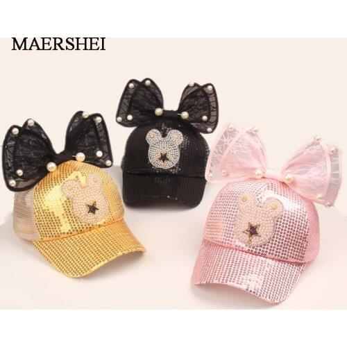 MAERSHEI Summer Girls Cute Baby Mesh cap Snapback Children Baseball Cap Hip Hop Caps Rabbit Ear Pearl Big Bow Kids Sun Hat