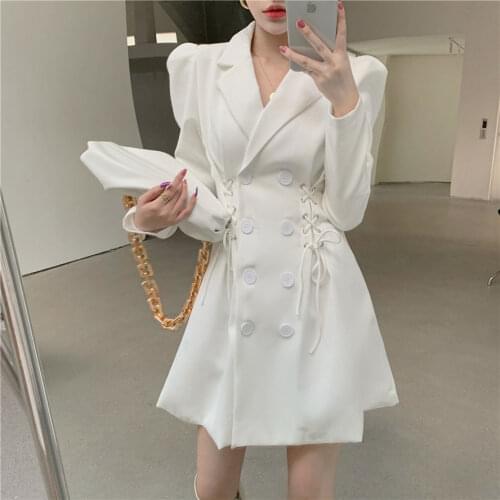 Mini Dress Women Notched Neck Elegant Office Lady Korean Style Clothing New Solid Fashion Female Work Dresses Autumn 2021 Women