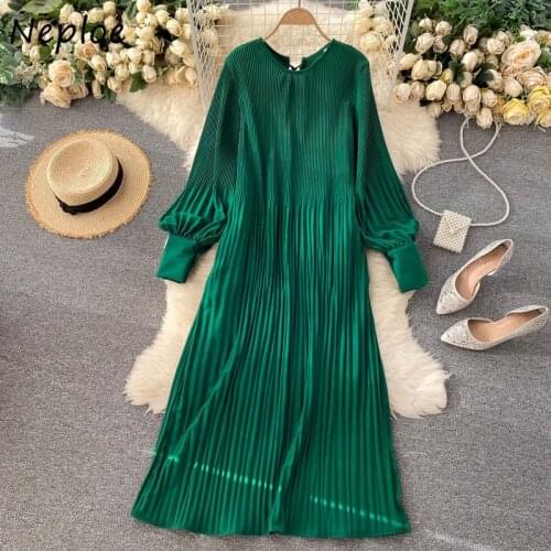Neploe Fashion Pleated Dresses Korean Boho Maxi Dress for Women Long Puff Sleeve Bandage Vestidos Plus Size Robe Woman Clothes