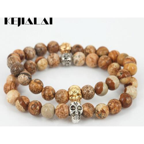 Fashion Beaded Gold/Silver Color Skull Head Men Charm Stretch Bracelet Natural 8mm Picture Round Gem Stone Beads Women Bracelet