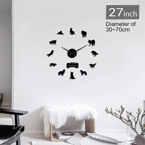 3D DIY Wall Clock Border Collie Dog Breed Animal Border Colly Silhouette Acrylic Mirror Sticker Mute Clock Watch Pet Lover Gift