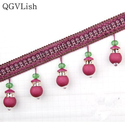 QGVLish 12M Beads Curtain Lace Trims Ribbon DIY Sewing Sofa Stage Lamp Valance Decor Lace Tassel Belt Ribbon Curtain Accessories