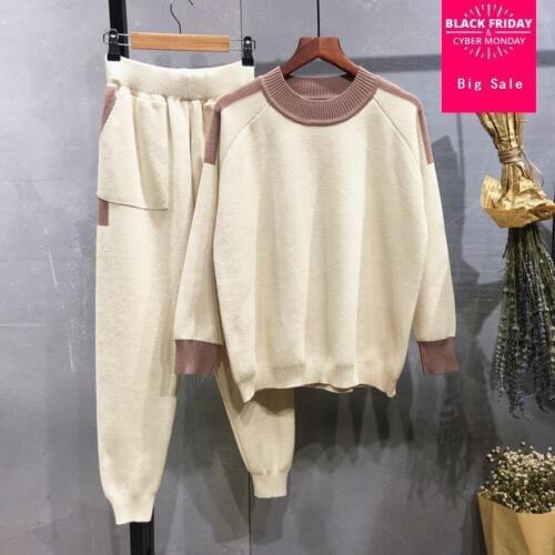 2020 autumn and winter stitching hit color knit suits round neck loose bottoming shirt + was thin sweater two-piece wj1539