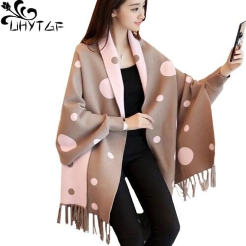 UHYTGF Knit Cardigan Womens Fashion tassel cloak shawl Autumn Winter Sweater coat Korean plus size cardigan sweaters Female 367