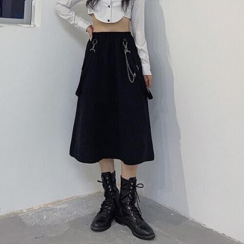 Black Long Skirts Women A-Line Students Big Bag Straps Chain Thin Autumn Tall Waist Skirt Casual Solid Mid-Calf Clothes Female