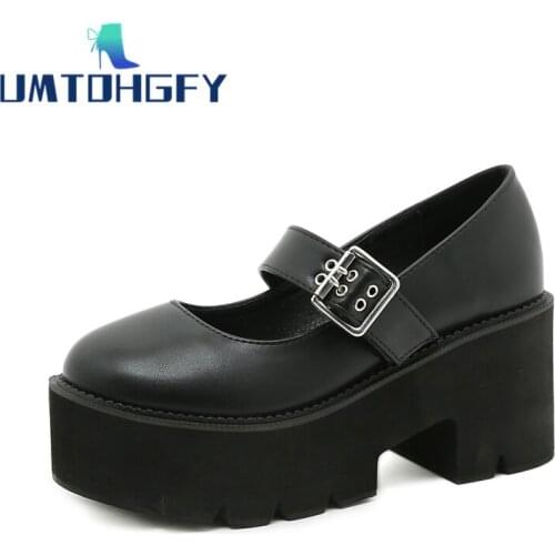 Genuel Leather Japanese 8cm Platform Shoes Mary Janes Buckle Metal Strap Block Heel Ladies Footwear Street Sweet Lolita Cosplay